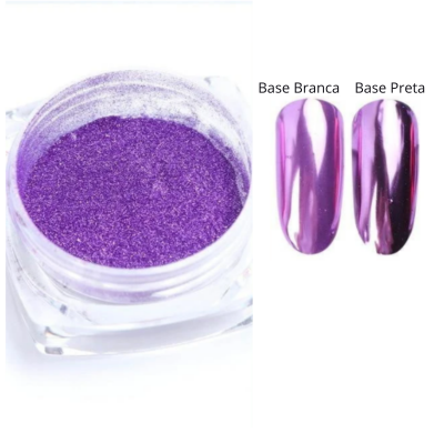 Pó de pigmento violeta metálico e amostras em unhas com base branca e preta