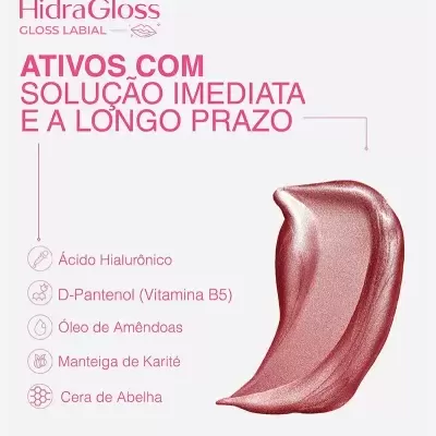 HidraGloss Gloss Labial com texto em rosa e amostra de cor rosa metálico