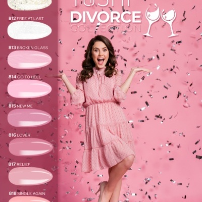 Cartaz promocional de esmaltes YOSHI COLLECTION DIVORCE com amostras de cores e mulher com vestido rosa