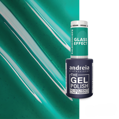 Frasco de verniz gel azul escuro com tampa branca e fundo verde azulado