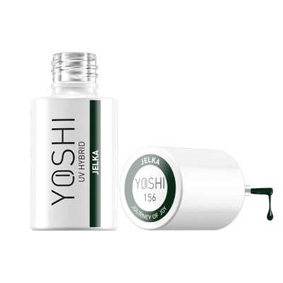 Frasco de verniz gel UV híbrido branco YOSHI JELKA 156 com tampa branca e verniz verde escuro pingando.