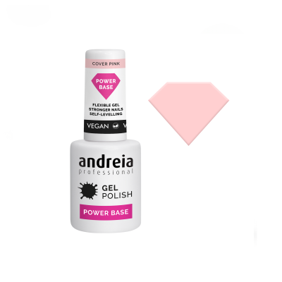 Frasco de verniz gel Andreia Professional Power Base cor Cover Pink ao lado de amostra rosa