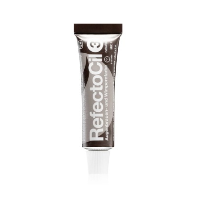 Tubo prateado de creme RefectoCil com tampa branca e tampa castanha