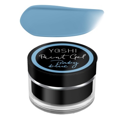 Pote de gel de pintura azul claro YOSHI com tampa preta e amostra de cor