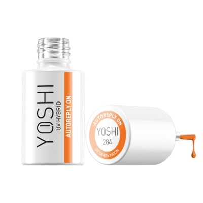 Frasco branco de verniz UV hybrid YOSHI com pingo de verniz laranja