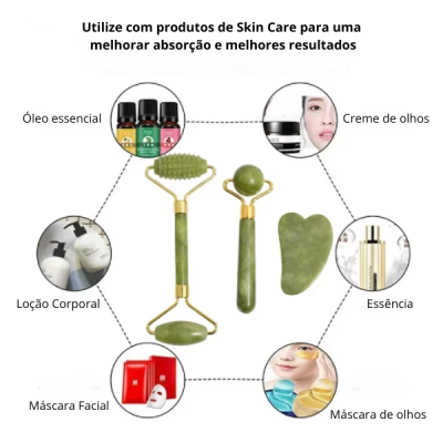 Produtos de cuidados de pele e acessórios de massagem facial em pedra verde dispostos em círculo