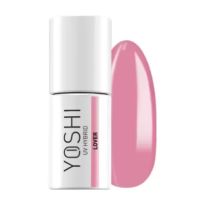 Frasco de verniz de unhas YOSHI UV HYBRID LOVERS e amostra da cor rosa.