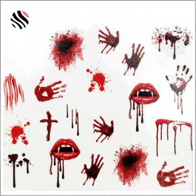 Manchas e marcas de mão vermelhas e pretas, bocas com saliva vermelha sobre fundo branco