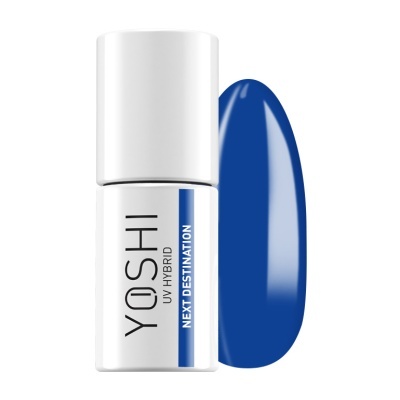 Frasco de verniz UV híbrido branco com amostra de cor azul