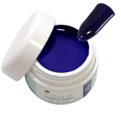 Frasco aberto de gel azul escuro com tampa branca e aplicador