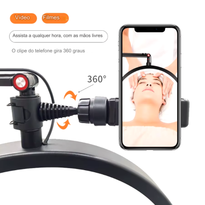 Suporte para telemóvel preto com clipe de rotação 360 graus a segurar telemóvel.