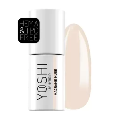 Frasco branco de verniz para unhas YOSHI UV HYBRID Macrame Muse com selo HEMA & TPO FREE