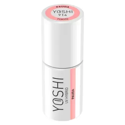 Frasco branco de verniz UV híbrido YOSHI PAUDA com selo rosa no topo