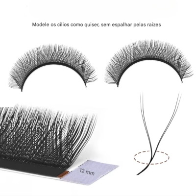 Pestanas postiças pretas em fundo branco com etiqueta 12 mm e texto em português