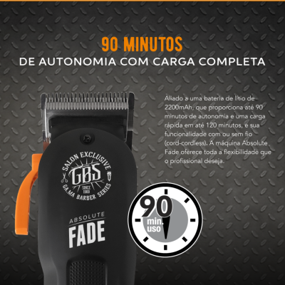 Máquina de corte de cabelo preta e laranja com texto de características e fundo metálico cinzento