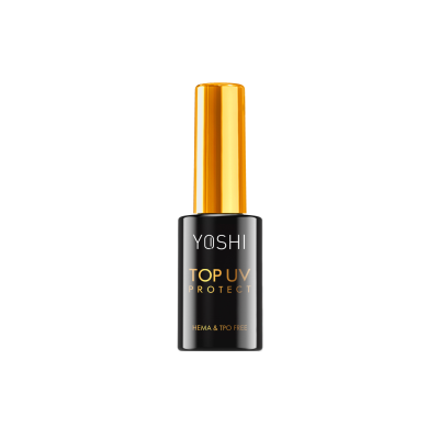 Frasco de verniz YOSHI Top UV Protect preto e dourado