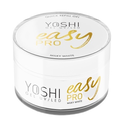 Embalagem branca redonda de gel UV/LED YOSHI easy PRO Milky White com texto dourado e cinza