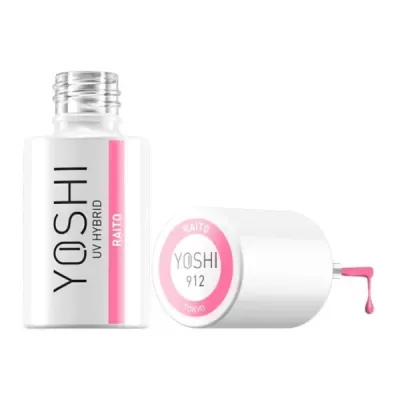 Frascos de verniz UV híbrido YOSHI branco e rosa com verniz rosa pingando