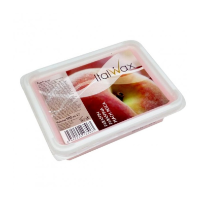 Cera depilatória Italwax em embalagem retangular com imagem de pêssegos