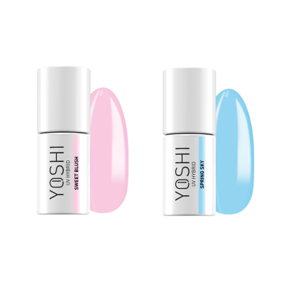 Dois frascos de verniz para unhas YOSHI, um rosa e um azul com tampas brancas