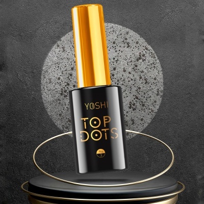 Frasco de verniz de unha YOSHI TOP DOTS preto e dourado em fundo cinza.