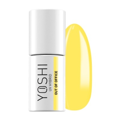 Verniz UV híbrido YOSHI azul em frasco branco com amostra de cor amarela