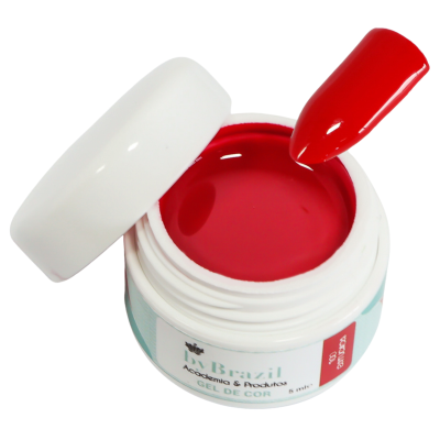 Pote de gel de cor vermelho com tampa branca aberta e aplicador com gel vermelho.