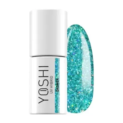 Esmalte de unhas YOSHI UV HYBRID e amostra de cor azul turquesa com glitter