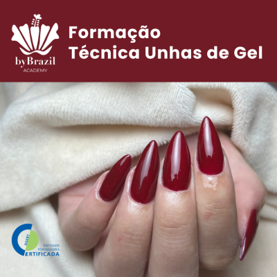 Mãos com unhas de gel vermelhas e texto de formação técnica