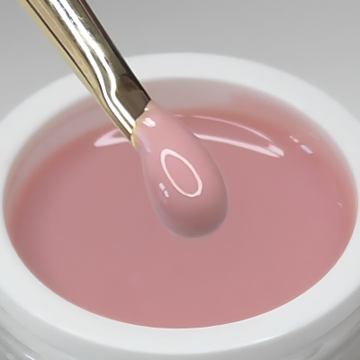 Pincel com verniz rosa claro dentro de recipiente branco