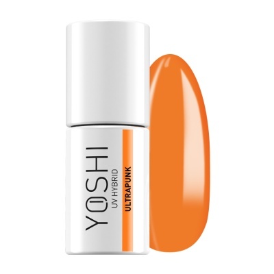 frasco branco de verniz para unhas YOSHI UV HYBRID com faixa laranja e amostra laranja