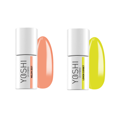Dois frascos de verniz para unhas YOSHI com cores melão e amarelo