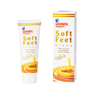 Creme Gehwol Soft Feet em tubo branco com tampa e caixa com imagem de mel