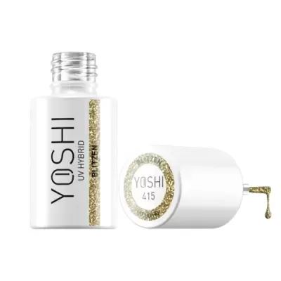 Frasco de verniz para unhas UV híbrido YOSHI com glitter dourado em fundo branco