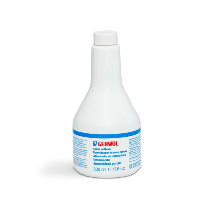 frasco branco de 500 ml amolecedor de calos GEHWOL com rótulo azul e branco