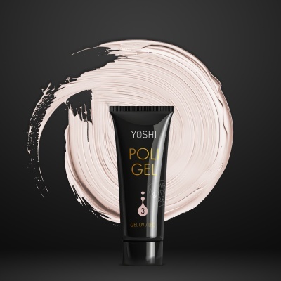 Tubo preto de gel de unhas YOSHI Poli Gel com textura de gel rosado atrás