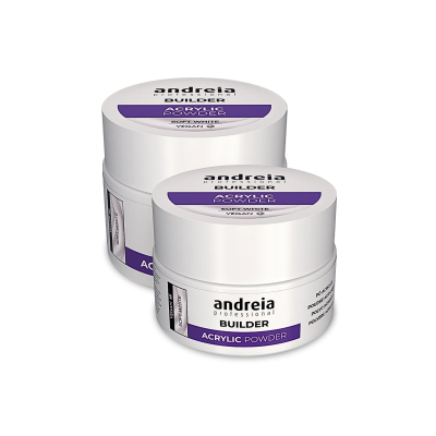 Frascos brancos de pó acrílico Andreia Professional Builder com rótulo roxo.