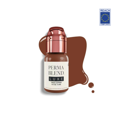 Frasco pequeno de líquido Perma Blend Luxe True Copper com rótulo branco e tampa cobre