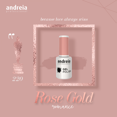 Frasco de verniz gel cor rosa ouro rosé da andreia professional em fundo rosa