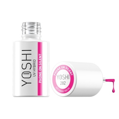 Frascos de verniz UV híbrido branco com líquido rosa neon da marca YOSHI