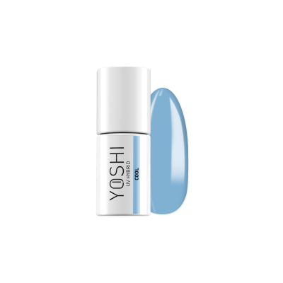 Frasco branco de verniz de unhas YOSHI UV HYBRID com amostra da cor azul claro