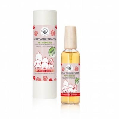 Spray ambientador para animais com aroma frutos do bosque e embalagem cilíndrica branca