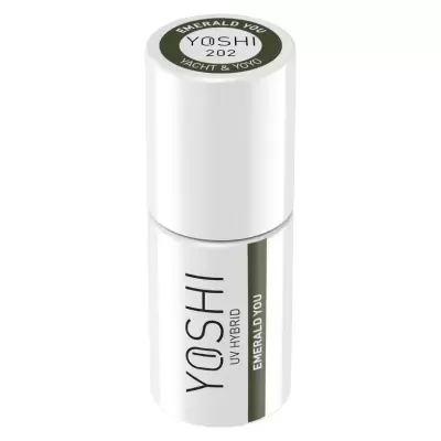 Frasco branco de verniz para unhas com textos 'YOSHI UV HYBRID EMERALD YOU'