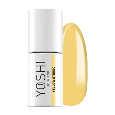 Frasco cosmético YOSHI UV HYBRID com amostra de cor amarelo pastel