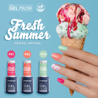 Promoção de vernizes gel Andreia Fresh Summer com mão segurando cone de gelado colorido