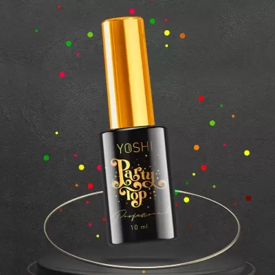 Frasco preto com tampa dourada e texto dourado Party Top sobre fundo com confetes