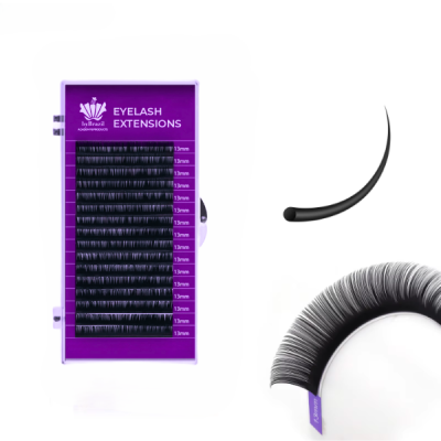 Extensões de pestanas pretas em estojo roxo, pestanas falsas curvas com etiqueta roxa