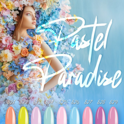 Mulher com vestido floral e amostras de cores de esmalte pastel