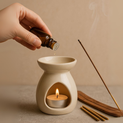 Difusor de aroma em cerâmica bege com vela e óleo essencial, incenso e suporte de madeira