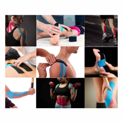 Fitas kinesio tape coloridas aplicadas em diferentes partes do corpo em várias imagens